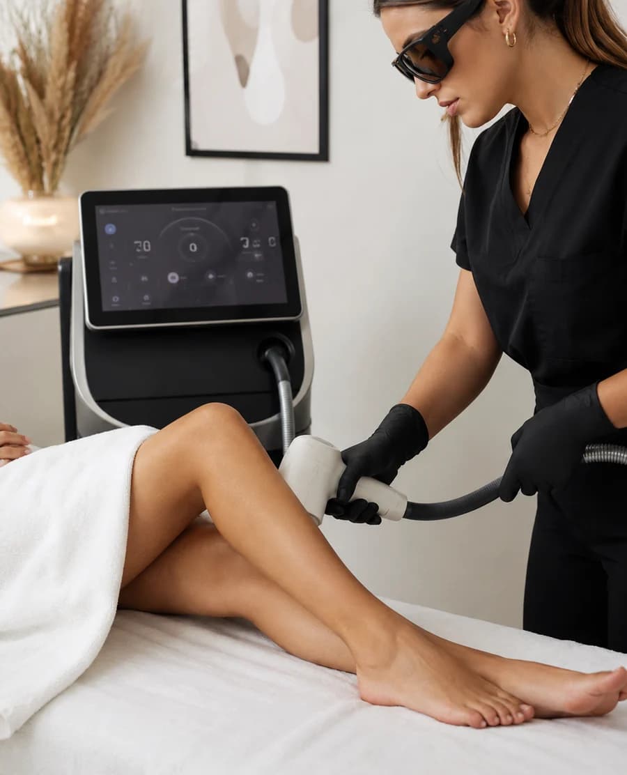 Protocole d'épilation laser Luxury Glow : geste professionnel sur une cliente installée en cabine.